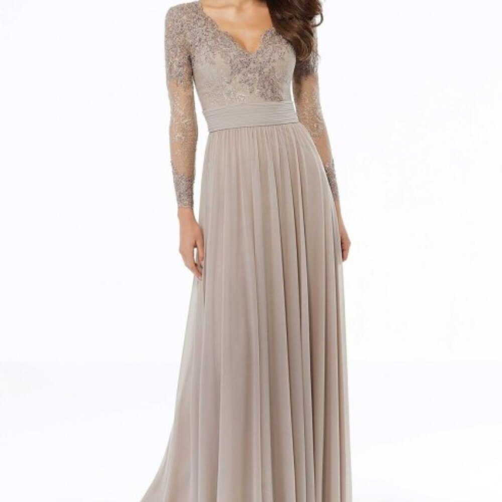 Mori Lee Taupe Lace Bodice Long Sleeve Maxi Dress